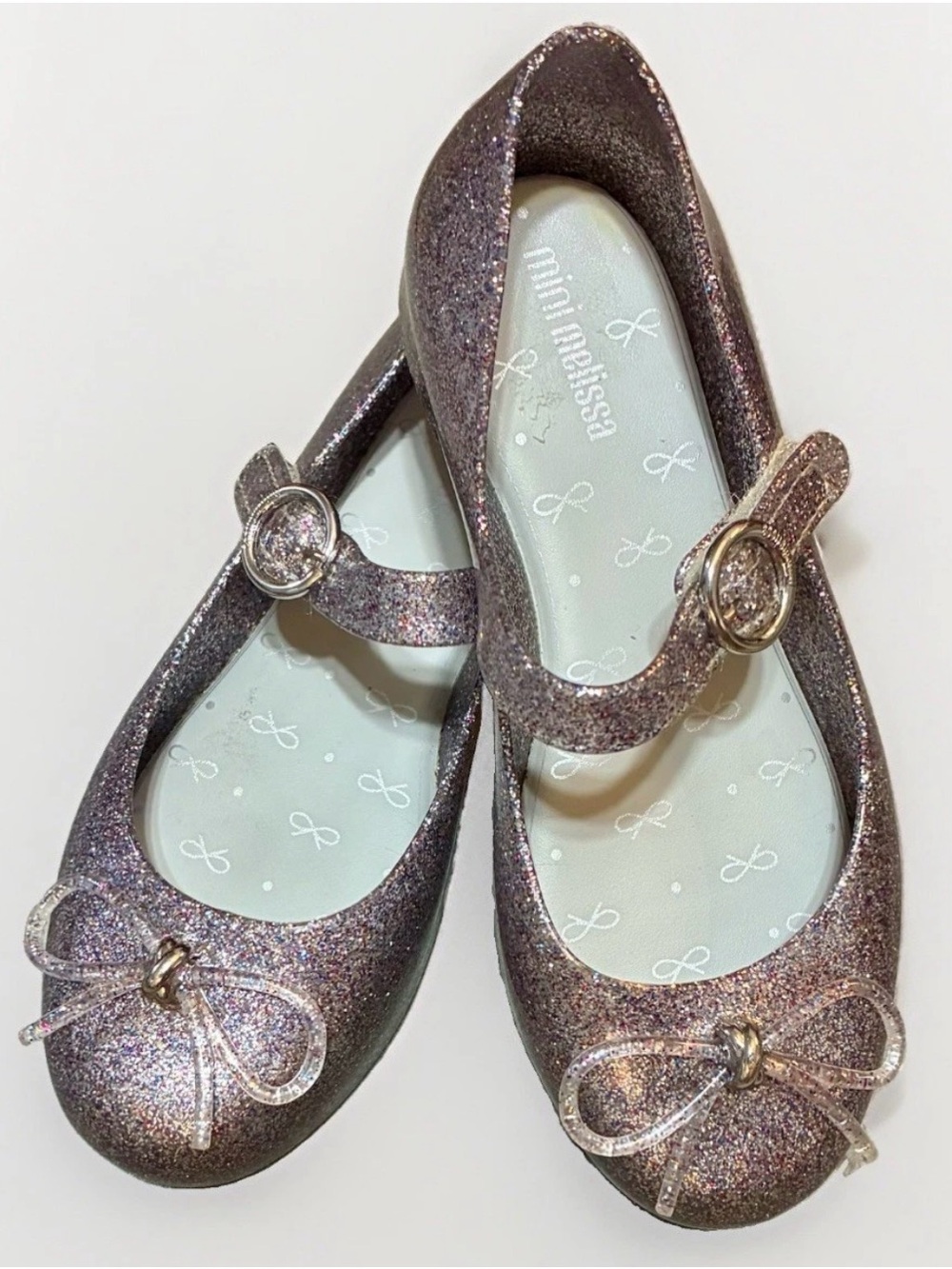 Mini Melissa Size 11 Silver Glitter Mary Janes - Iridescent Pink Purple Silver